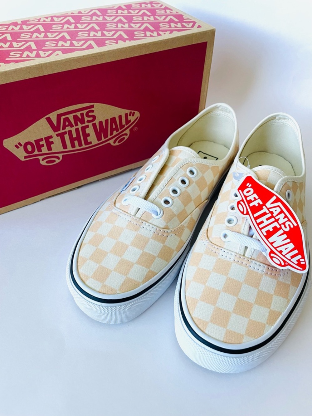 Vans "Off the Wall" Checkerboard Sneakers in Apricot & Cream